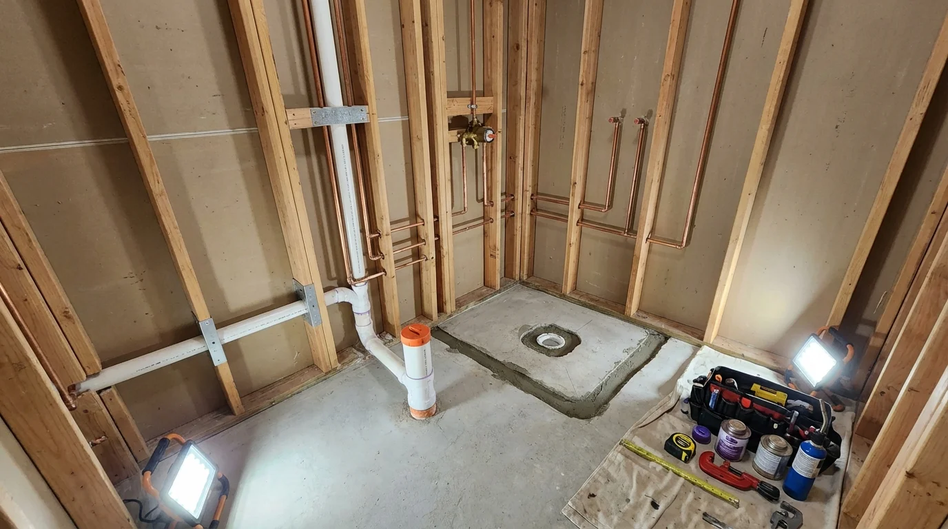 Bathroom rough-in plumbing during remodel by Johns Plumbing LLC in Corozal