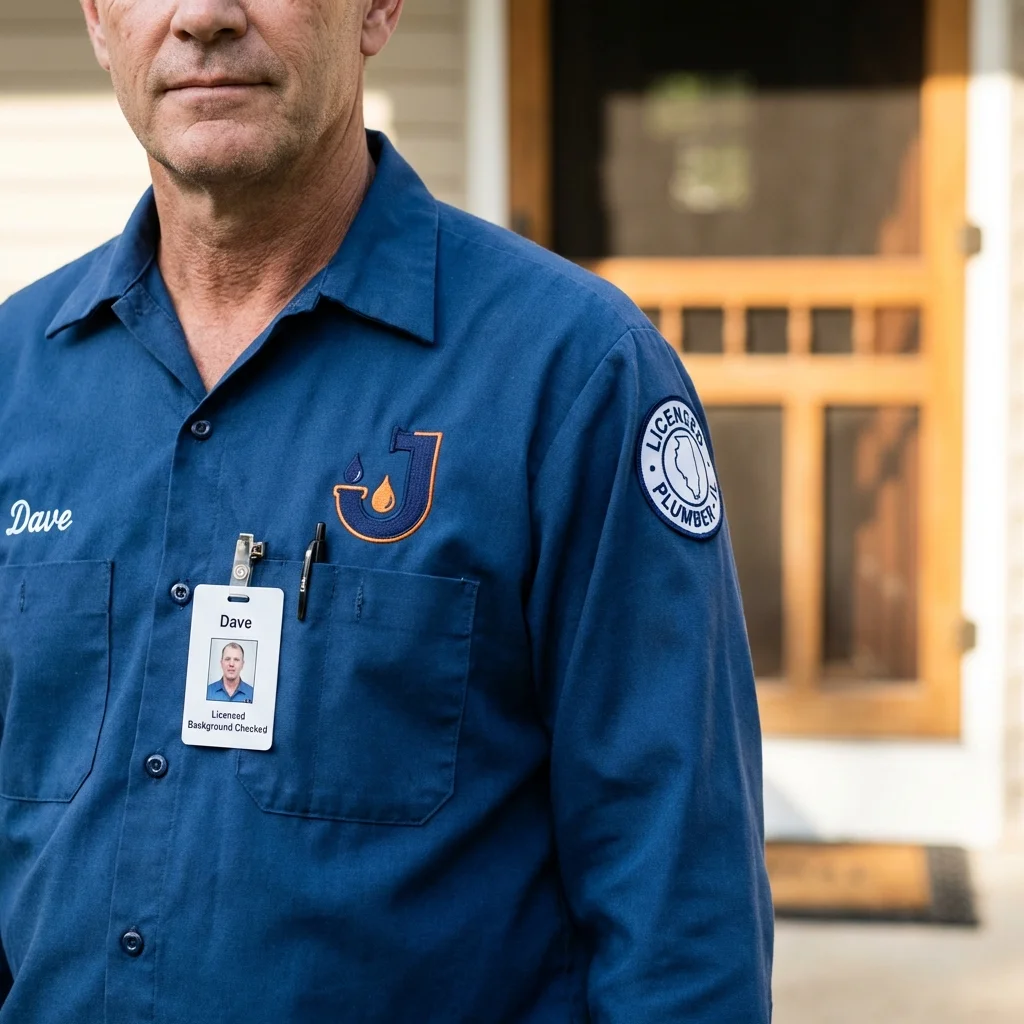 Licensed plumber showing ID badge in Corozal, PR