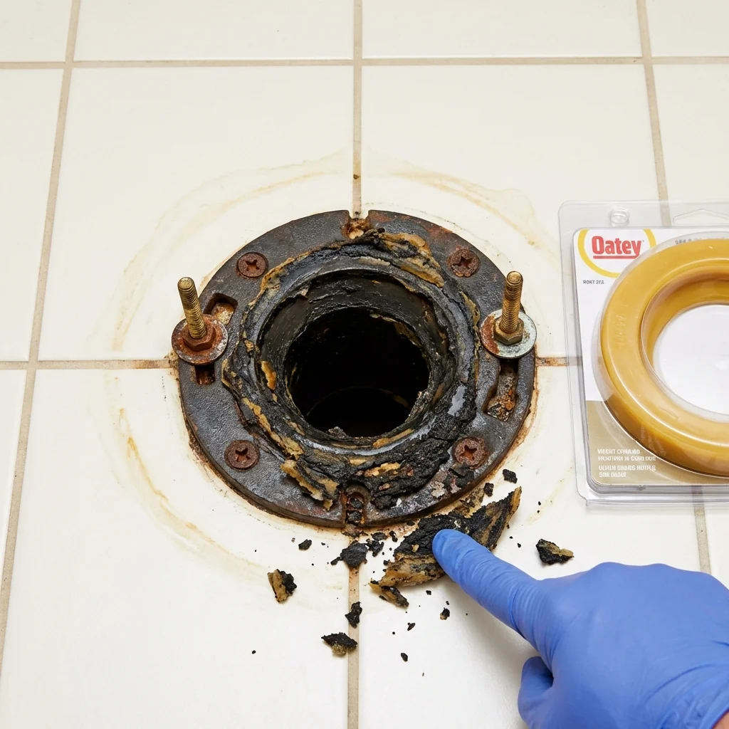 Failed wax ring showing water seepage at the base of a toilet in a Corozal, PR home